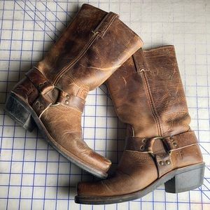 Brown distressed Frye boots classic style harness